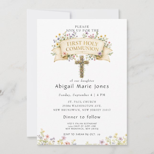 Invitación Elegantes flores silvestres Primera Comunión  (Anverso)