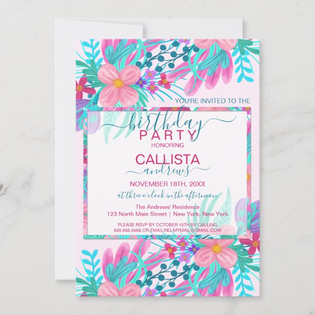 Invitación Elegantes flores Verde azuladas rosadas pintadas s (Anverso)