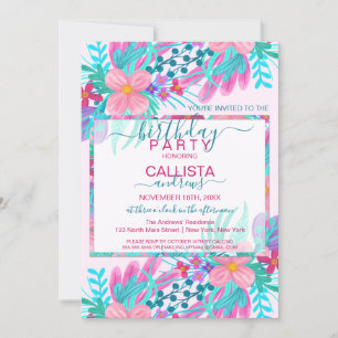 Invitación Elegantes flores Verde azuladas rosadas pintadas s