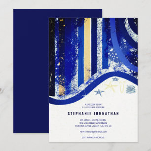 Invitación Elegantes franjas azules Spatters Stars Baby Showe