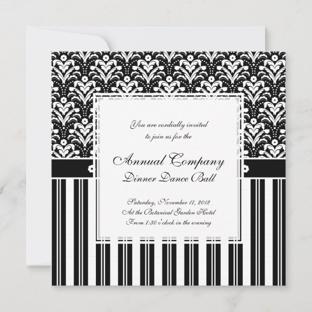 Invitación Elegantes franjas de Damasco en blanco y negro (Anverso)