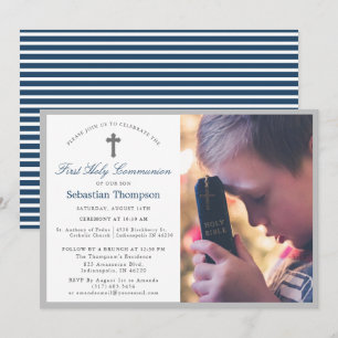 Invitación Elegantes franjas de la Marina Azul Foto Primera C