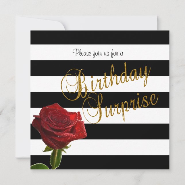 Invitación Elegantes franjas en blanco y negro y rosas rojas (Reverso)