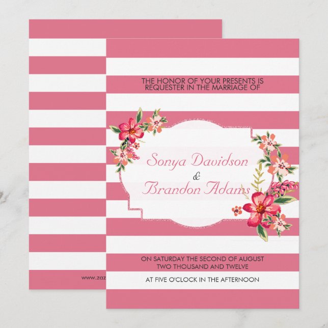 Invitación Elegantes franjas rosadas y blancas con Boda Bouqu (Anverso / Reverso)