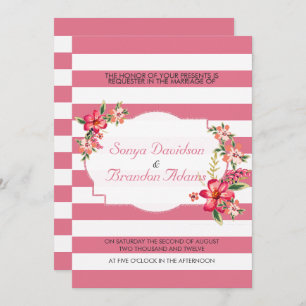 Invitación Elegantes franjas rosadas y blancas con Boda Bouqu