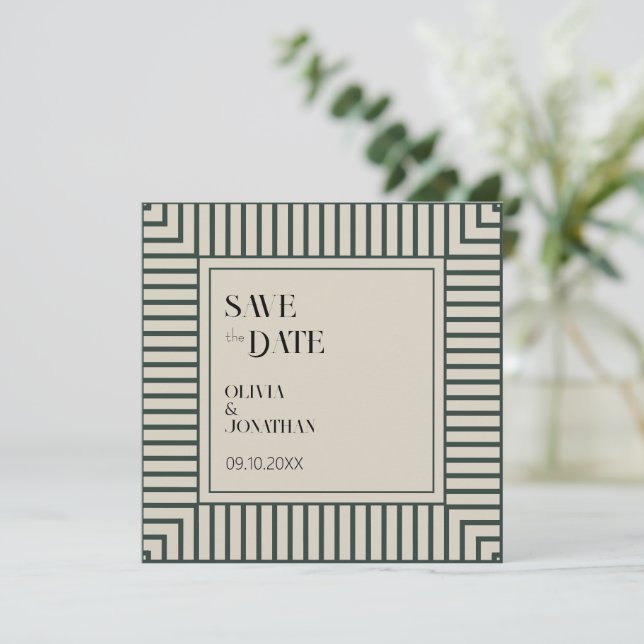 Invitación Elegantes franjas verdes simples Guardar la fecha (Anverso de pie)