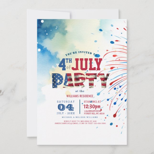 Invitación Elegantes fuegos artificiales del 4 de julio del F (Anverso)
