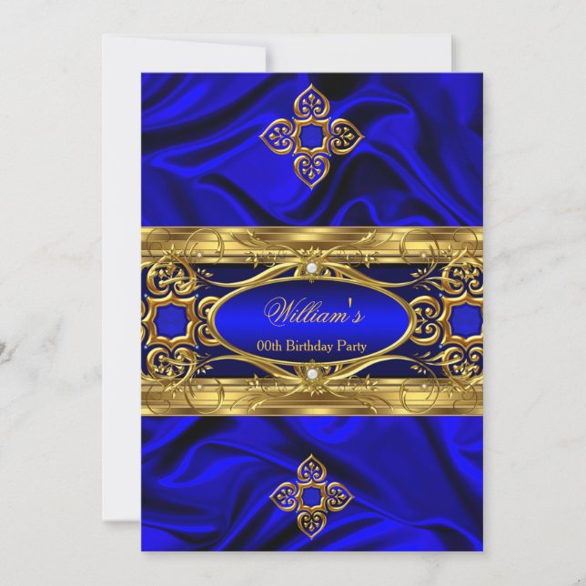 Invitación Elegantes gemas de seda azul real dorado Cumpleaño (Anverso)