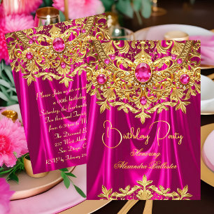 Invitación Elegantes gemas Rosa Caliente Encaje Dorado Damask