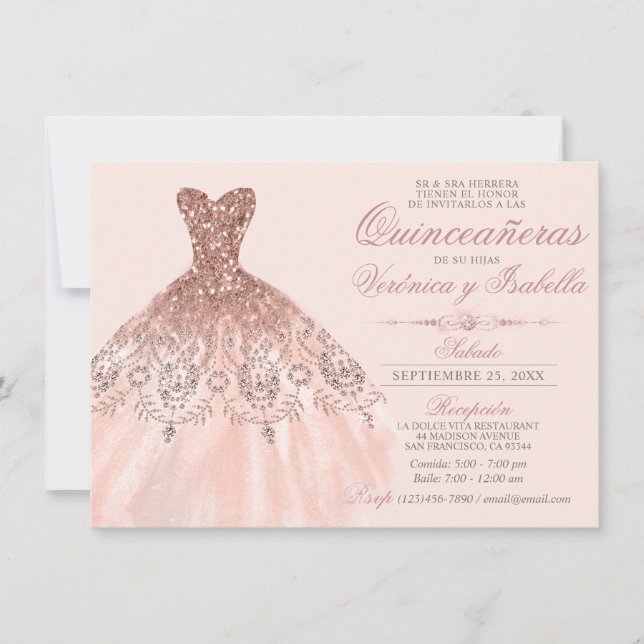 Invitación Elegantes gemelos rosados de Quinceañera (Anverso)
