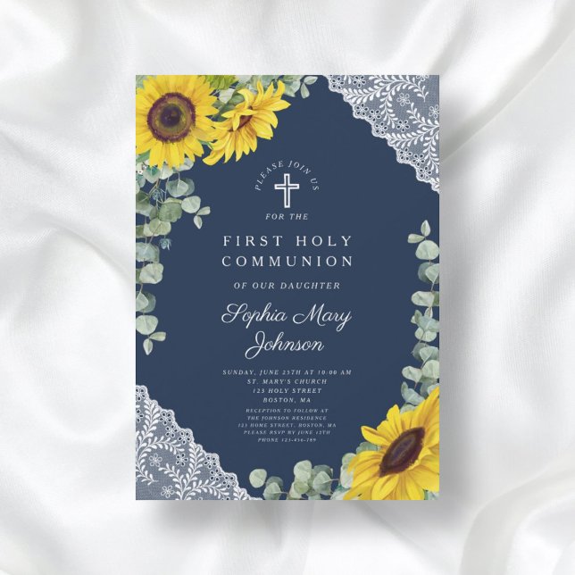 Invitación Elegantes girasoles azules Primera Santa Comunión (Elegant Blue Sunflowers First Holy Communion Invitation)