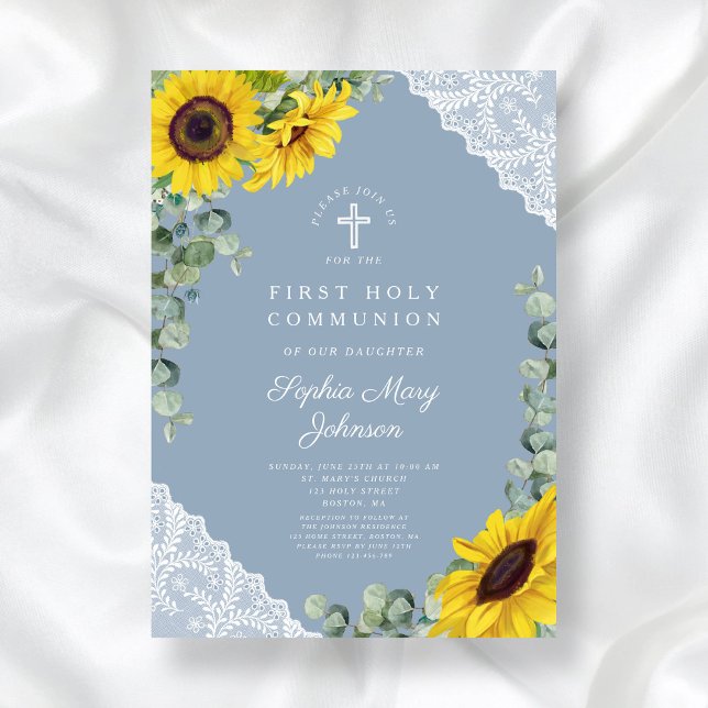 Invitación Elegantes girasoles azules Primera Santa Comunión (Elegant Blue Sunflowers First Holy Communion Invitation)