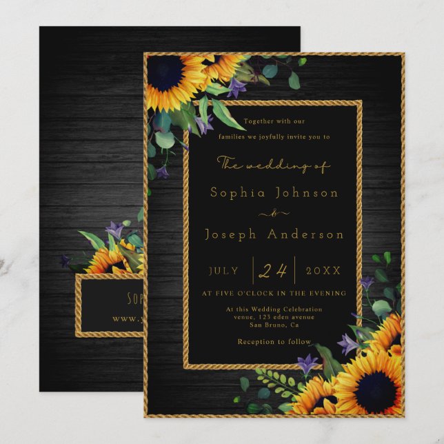 Invitación Elegantes girasoles dorados y Boda de madera rústi (Anverso / Reverso)