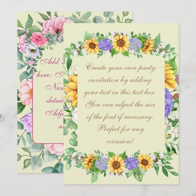 Invitación Elegantes girasoles e hidráneas azules (Anverso / Reverso)