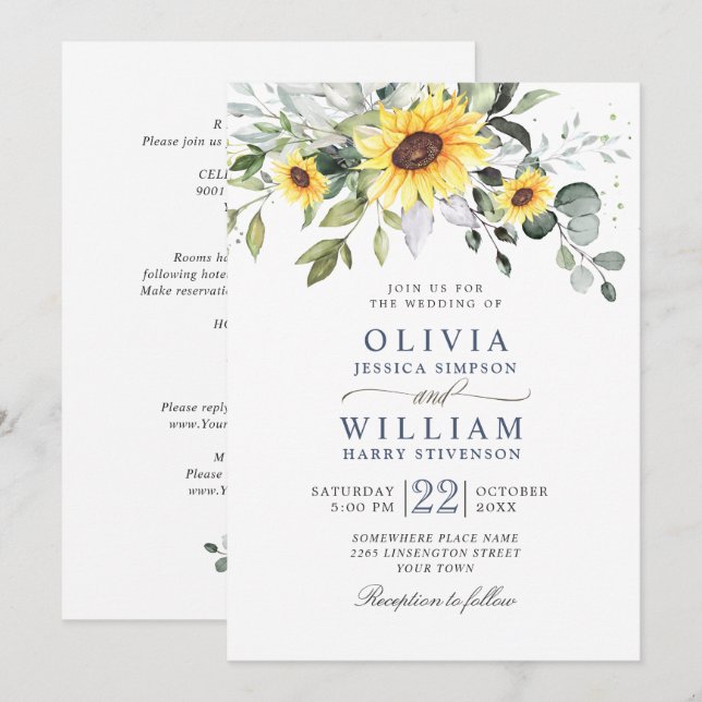 Invitación Elegantes girasoles Eucalipto Boda todo en uno (Anverso / Reverso)