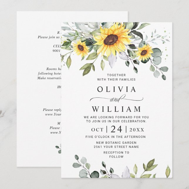 Invitación Elegantes girasoles Eucalipto Boda todo en uno (Anverso / Reverso)