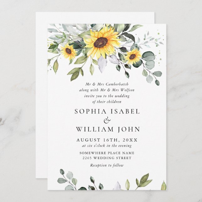 Invitación Elegantes girasoles Eucalipto Boda todo en uno (Anverso / Reverso)