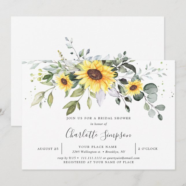 Invitación Elegantes girasoles Eucalipto Despedida de soltera (Anverso / Reverso)