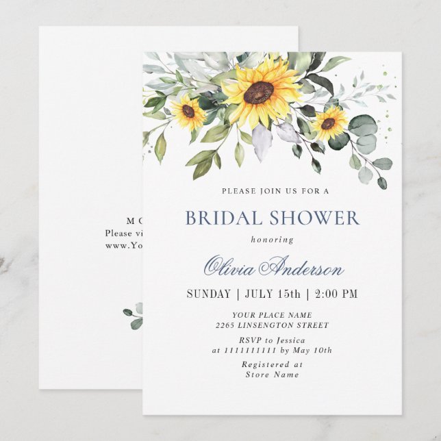 Invitación Elegantes girasoles Eucalyptus BRIDAL DUCHA (Anverso / Reverso)