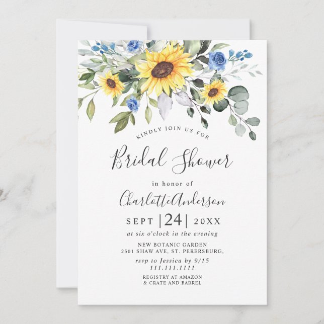 Invitación Elegantes girasoles Eucalyptus BRIDAL DUCHA (Anverso)