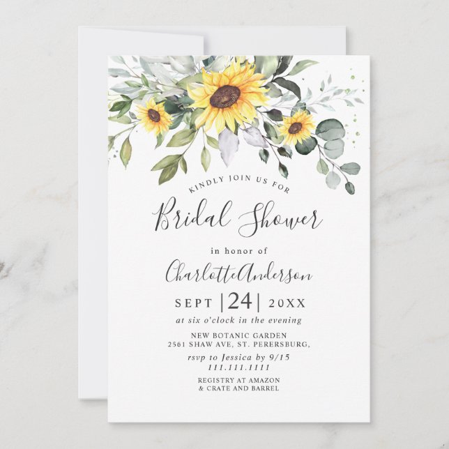 Invitación Elegantes girasoles Eucalyptus BRIDAL DUCHA (Anverso)