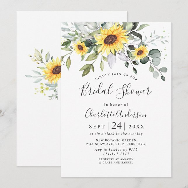 Invitación Elegantes girasoles Eucalyptus BRIDAL DUCHA (Anverso / Reverso)