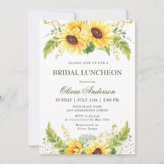Invitación Elegantes girasoles Eucalyptus BRIDAL LUNCHEON (Anverso)