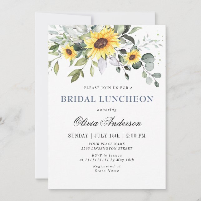 Invitación Elegantes girasoles Eucalyptus BRIDAL LUNCHEON (Anverso)