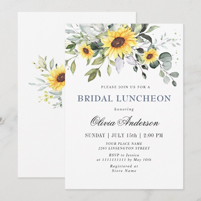Invitación Elegantes girasoles Eucalyptus BRIDAL LUNCHEON (Anverso / Reverso)