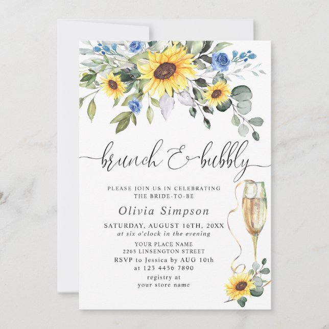 Invitación Elegantes girasoles Eucalyptus Brunch & Bubbly (Anverso)