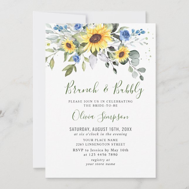 Invitación Elegantes girasoles Eucalyptus Brunch & Bubbly (Anverso)