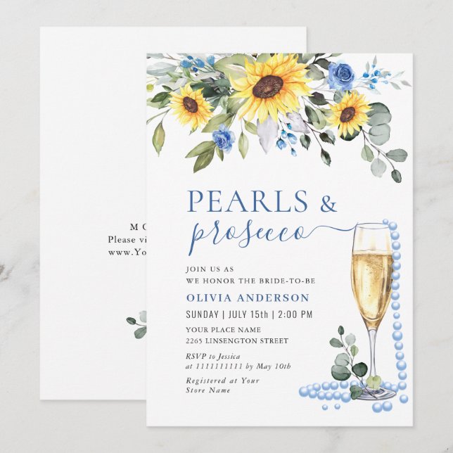 Invitación Elegantes girasoles Eucalyptus PEARLS & Prosecco (Anverso / Reverso)