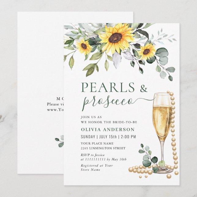 Invitación Elegantes girasoles Eucalyptus PEARLS & Prosecco (Anverso / Reverso)
