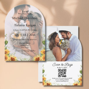 Invitación elegantes girasoles qr código 2 fotos arco boda