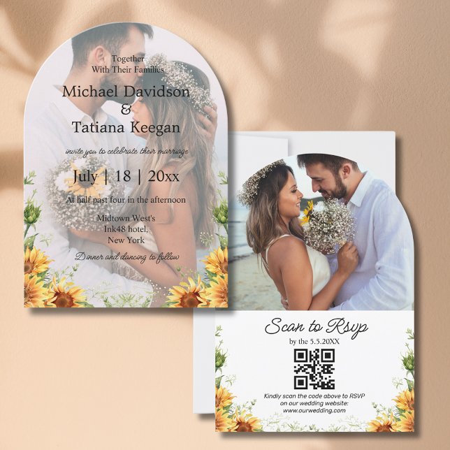 Invitación elegantes girasoles qr código 2 fotos arco boda (Subido por el creador)