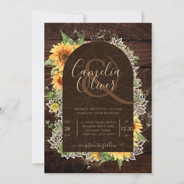 Invitación Elegantes girasoles rústicos y bodas de encaje inv (Anverso)