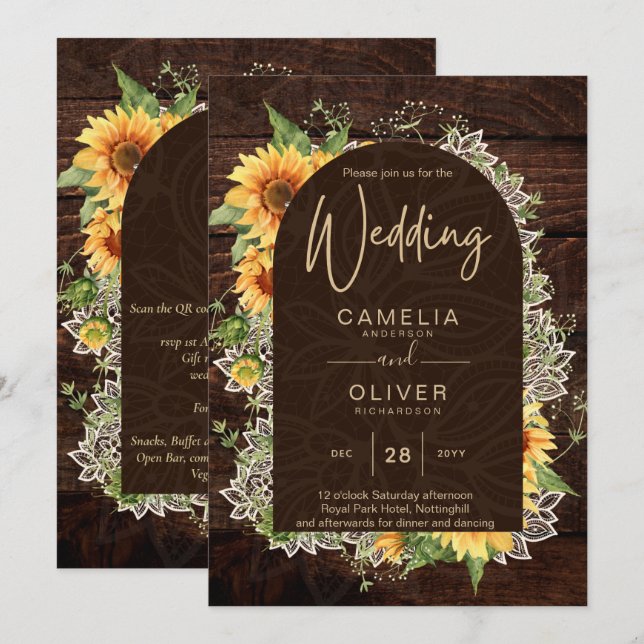 Invitación Elegantes girasoles rústicos y bodas de encaje inv (Anverso / Reverso)