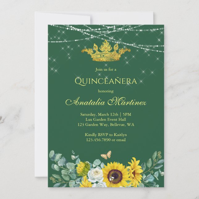 Invitación Elegantes girasoles verde esmeralda Quinceanera (Anverso)
