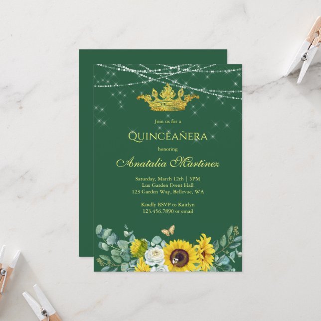 Invitación Elegantes girasoles verde esmeralda Quinceanera