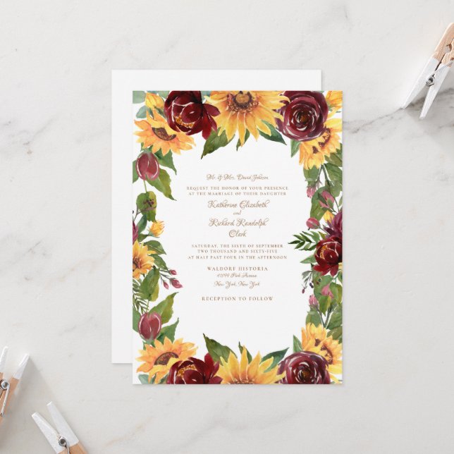 Invitación Elegantes girasoles y Boda floral de Borgoña (Anverso/Reverso In Situ)