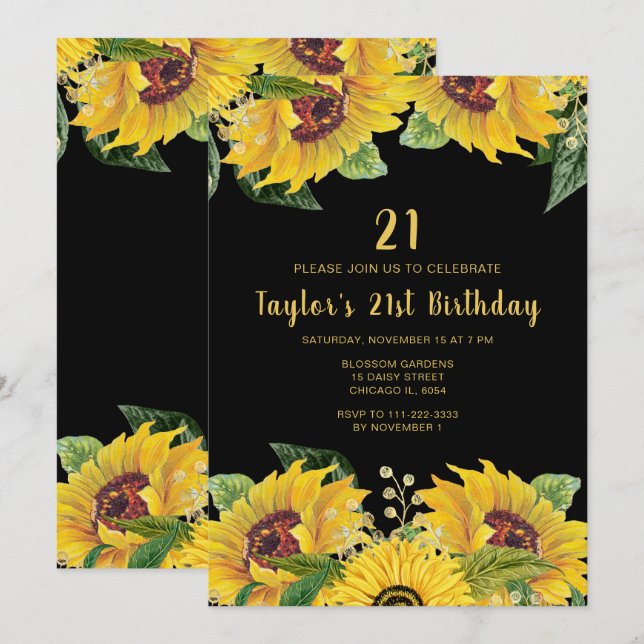 Invitación Elegantes girasoles y cumpleaños de follaje (Anverso / Reverso)