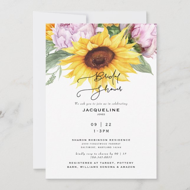 Invitación Elegantes girasoles y duchas de novias blancas Peo (Anverso)
