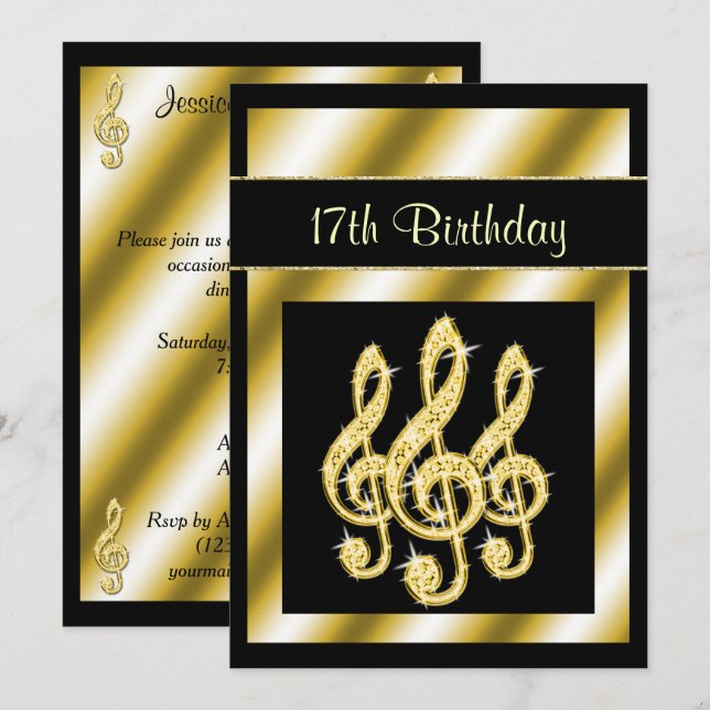 Invitación Elegantes, Glamurosos Clefs de Sol de Oro Cumpleañ (Anverso / Reverso)