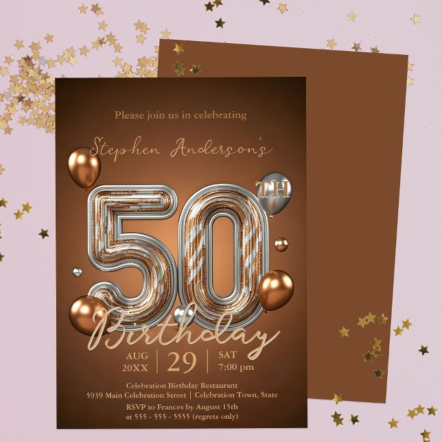 Invitación Elegantes globos de bronce y plata 50 cumpleaños (Subido por el creador)
