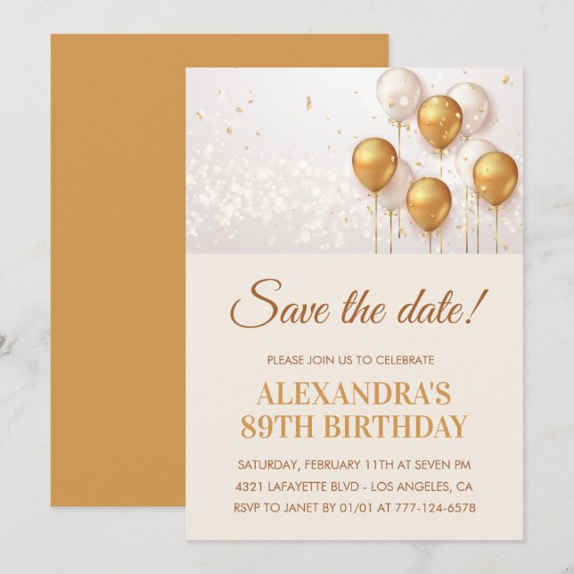 Invitación Elegantes globos de oro Salven la fecha 89 cumplea (Anverso / Reverso)