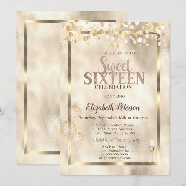 Invitación Elegantes globos dorados marco dulce 16 (Anverso / Reverso)