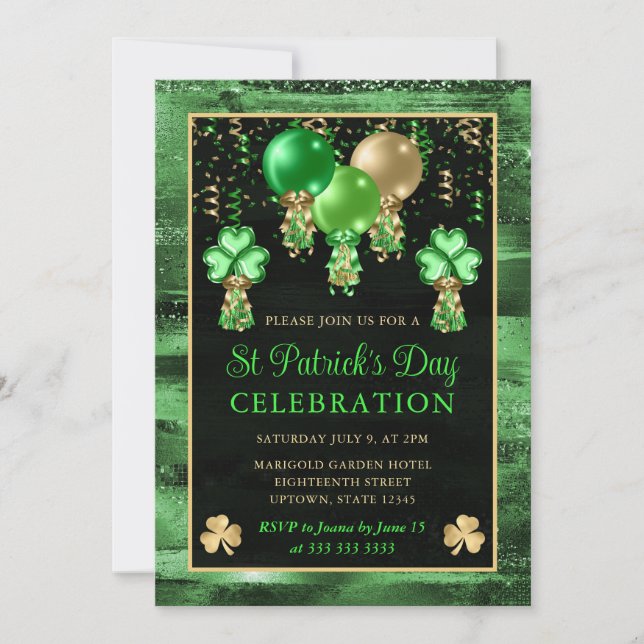 Invitación Elegantes globos verdes y dorados Día de San Patri (Anverso)