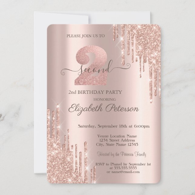 Invitación Elegantes gotas de brillo Rosa Dorado Cumpleaños 2 (Anverso)