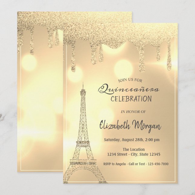 Invitación Elegantes gotas de brillo, Torre Eiffel dorada con (Anverso / Reverso)