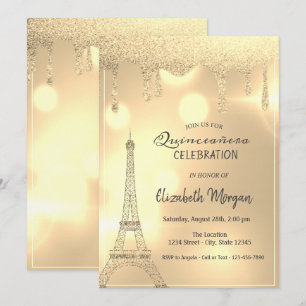 Invitación Elegantes gotas de brillo, Torre Eiffel dorada con